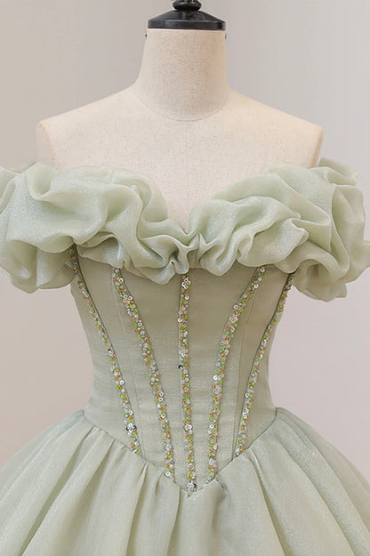 Green Ball Gown, A-Line Off the Shoulder Evening Gown with Beaded TP489