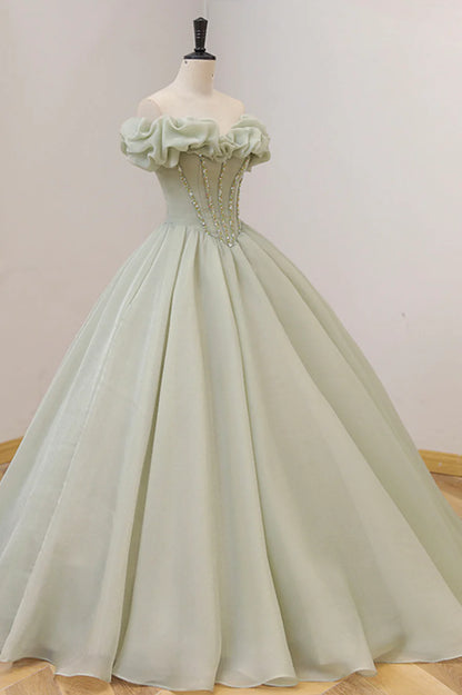 Green Ball Gown, A-Line Off the Shoulder Evening Gown with Beaded TP489