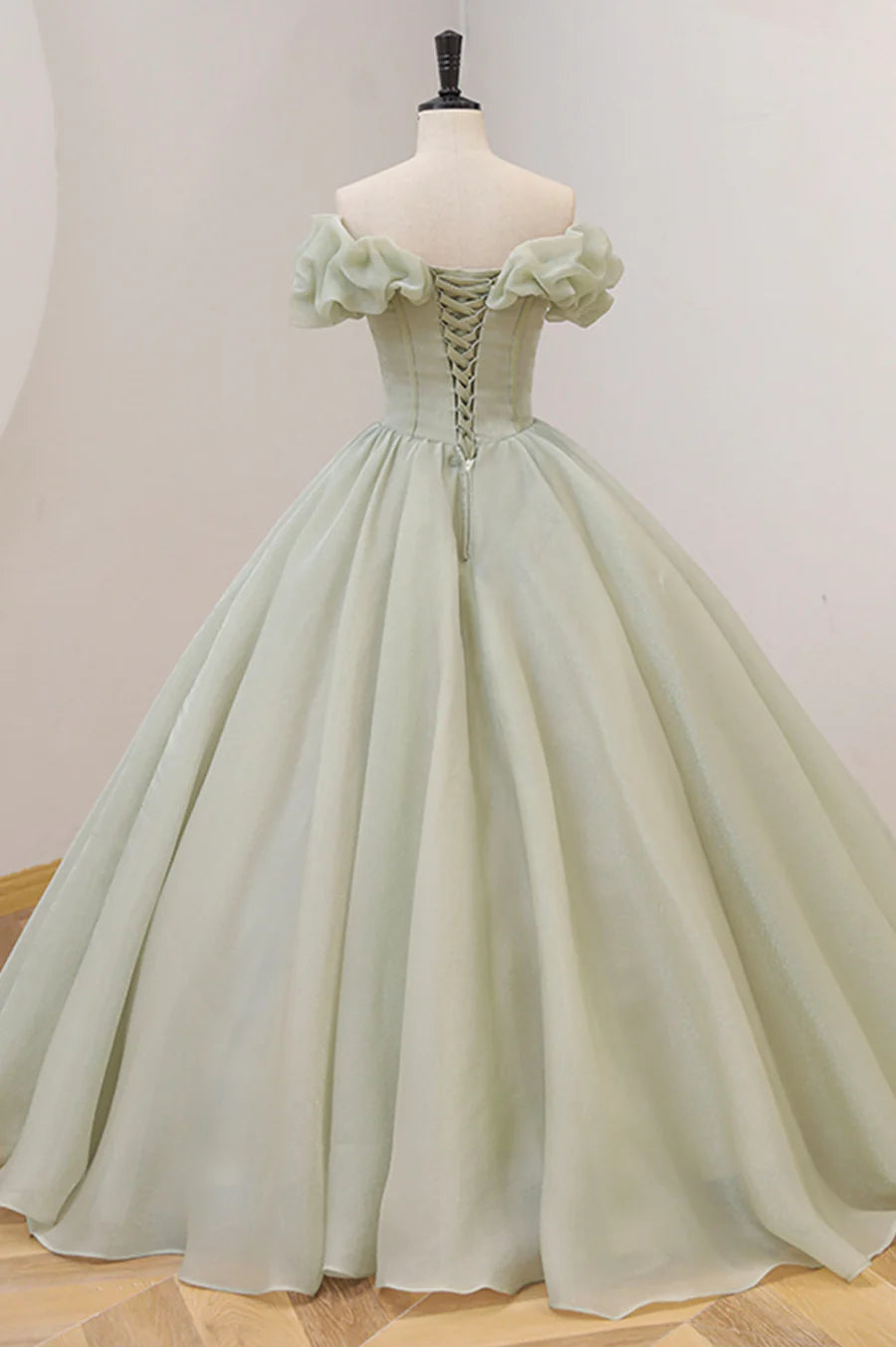 Green Ball Gown, A-Line Off the Shoulder Evening Gown with Beaded TP489