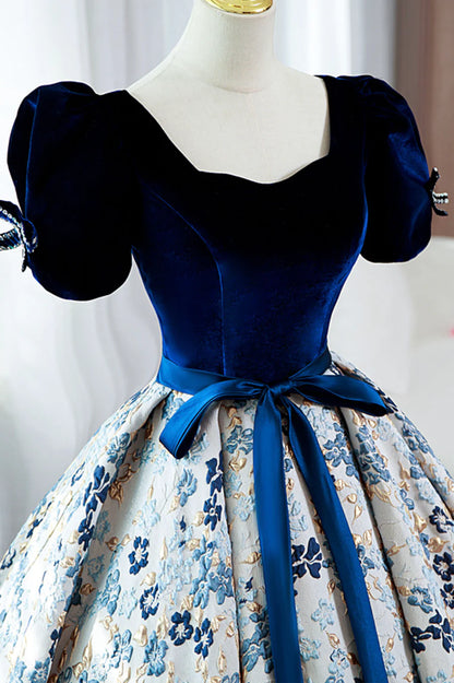 Blue Short Sleeve A-Line Floor Length Prom Dress, Blue Evening Dress TP490
