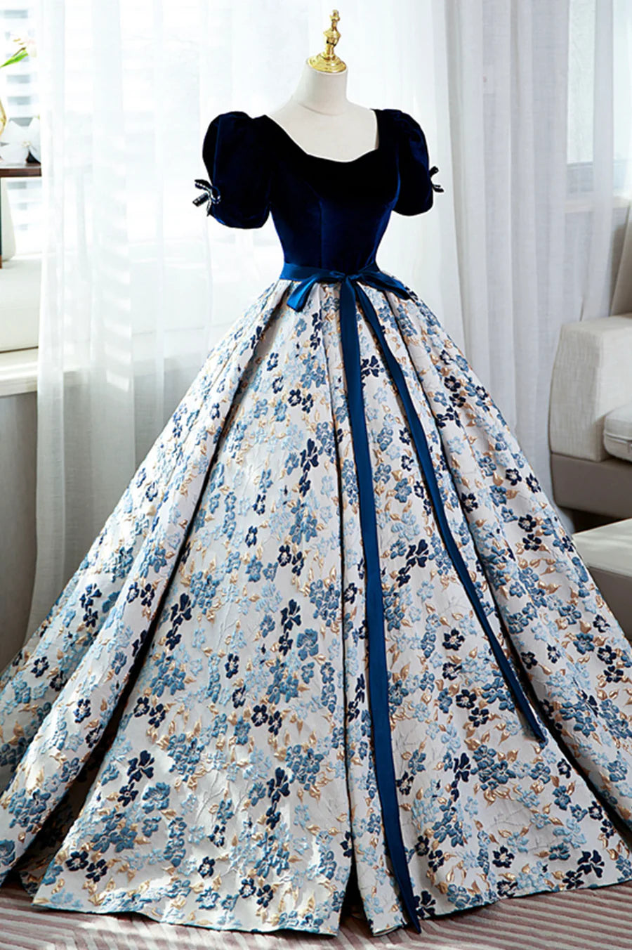 Blue Short Sleeve A-Line Floor Length Prom Dress, Blue Evening Dress TP490