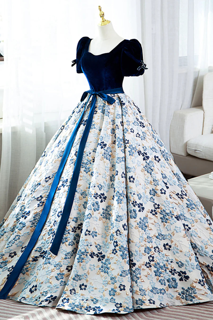 Blue Short Sleeve A-Line Floor Length Prom Dress, Blue Evening Dress TP490