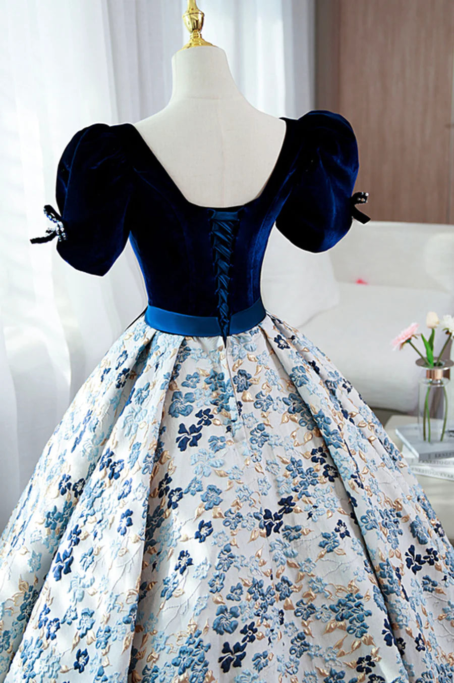 Blue Short Sleeve A-Line Floor Length Prom Dress, Blue Evening Dress TP490