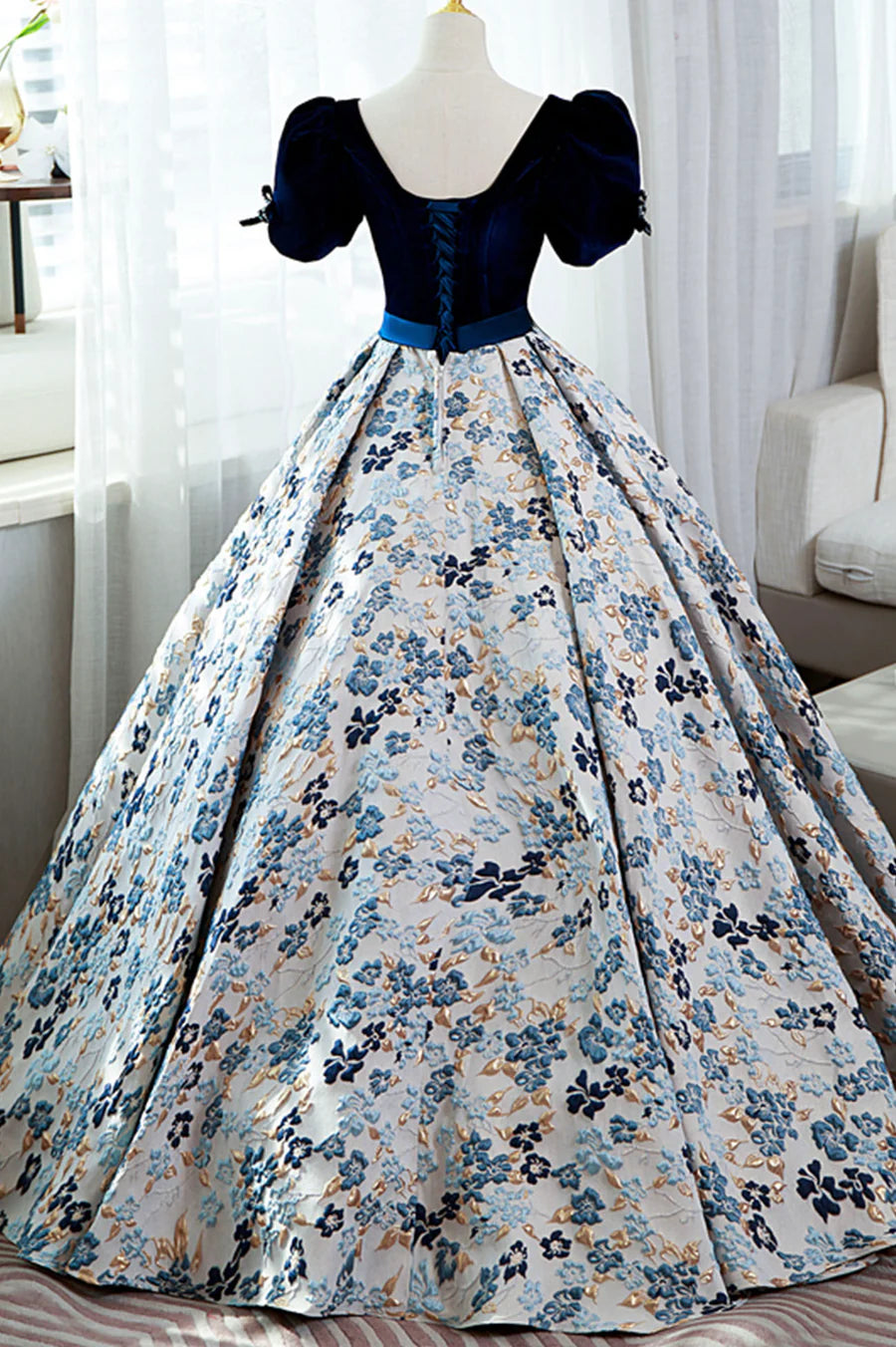 Blue Short Sleeve A-Line Floor Length Prom Dress, Blue Evening Dress TP490