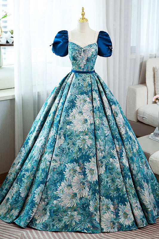 Blue Printed Long A-Line Prom Dress, Elegant Short Sleeve Formal Dress TP491