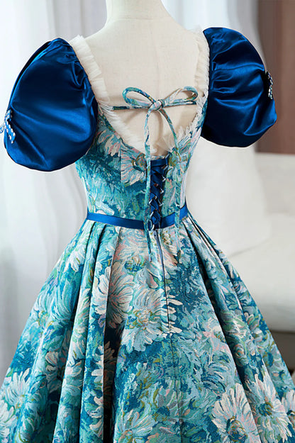 Blue Printed Long A-Line Prom Dress, Elegant Short Sleeve Formal Dress TP491