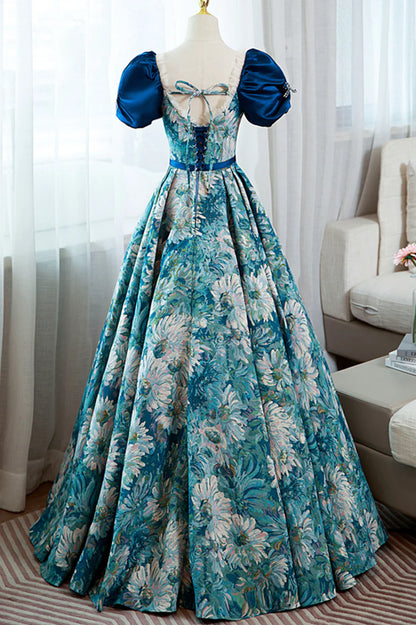 Blue Printed Long A-Line Prom Dress, Elegant Short Sleeve Formal Dress TP491