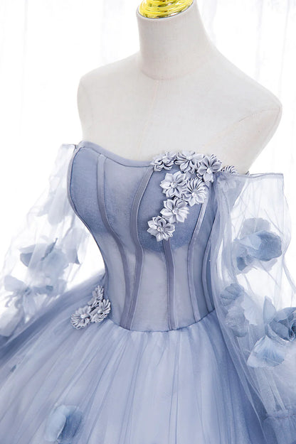 Blue Tulle Long Sleeve Prom Dress, A-Line Off the Shoulder Evening Gown TP495