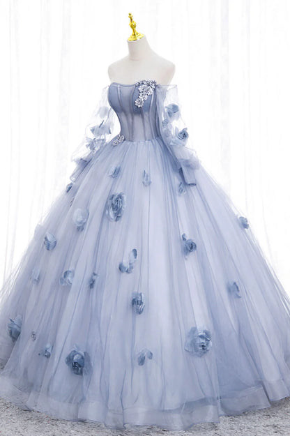 Blue Tulle Long Sleeve Prom Dress, A-Line Off the Shoulder Evening Gown TP495