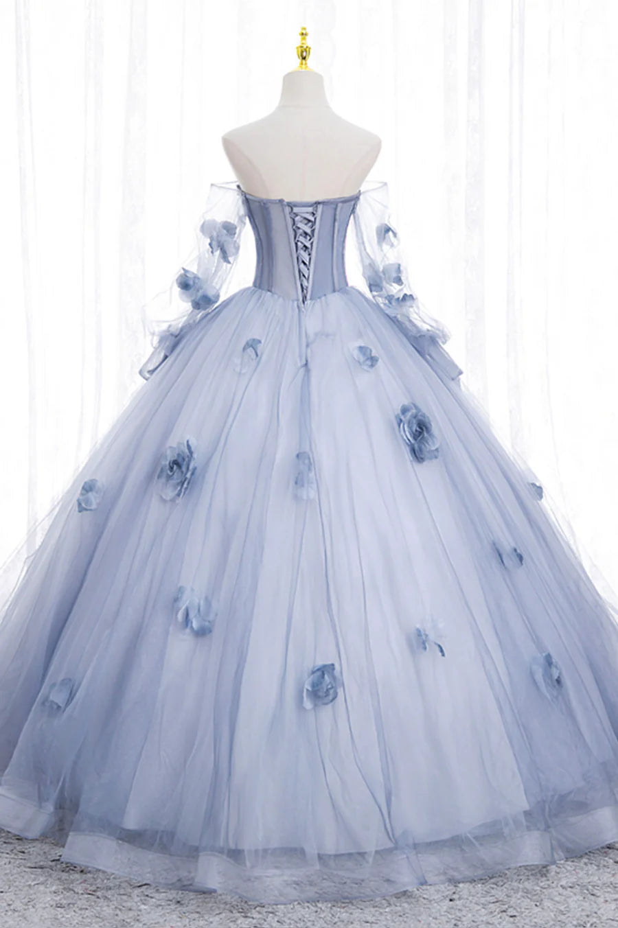 Blue Tulle Long Sleeve Prom Dress, A-Line Off the Shoulder Evening Gown TP495