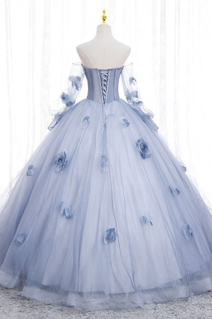 Blue Tulle Long Sleeve Prom Dress, A-Line Off the Shoulder Evening Gown TP495