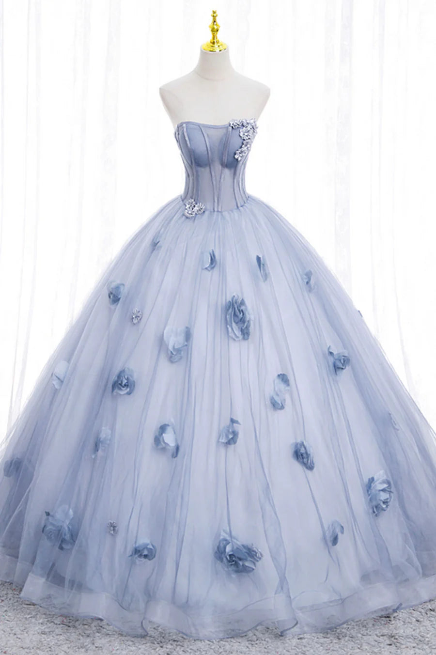 Blue Tulle Long Sleeve Prom Dress, A-Line Off the Shoulder Evening Gown TP495