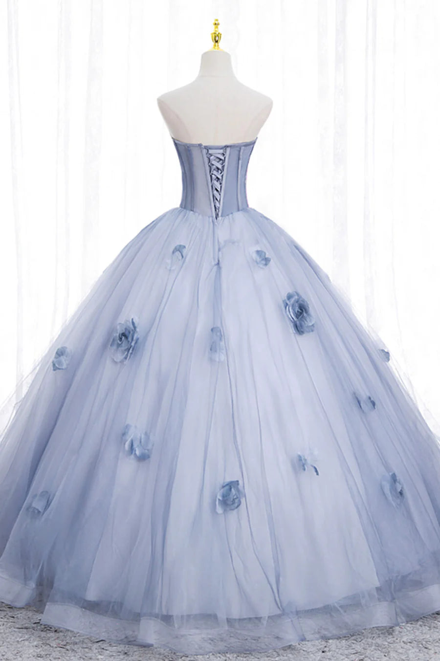 Blue Tulle Long Sleeve Prom Dress, A-Line Off the Shoulder Evening Gown TP495