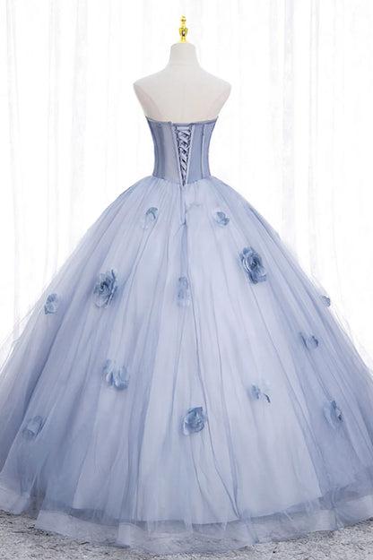 Blue Tulle Long Sleeve Prom Dress, A-Line Off the Shoulder Evening Gown TP495