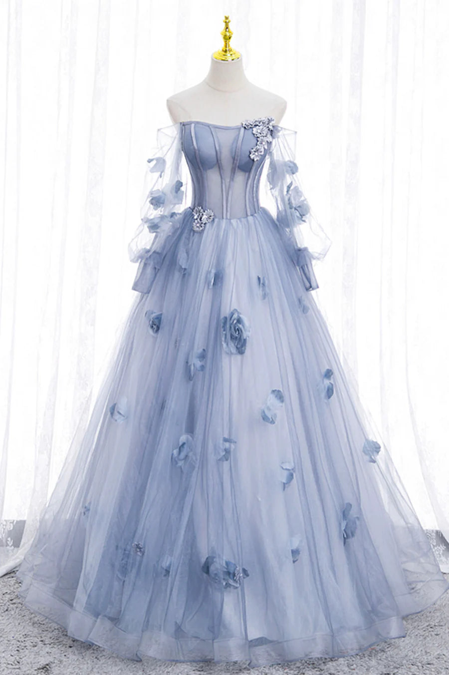 Blue Tulle Long Sleeve Prom Dress, A-Line Off the Shoulder Evening Gown TP495