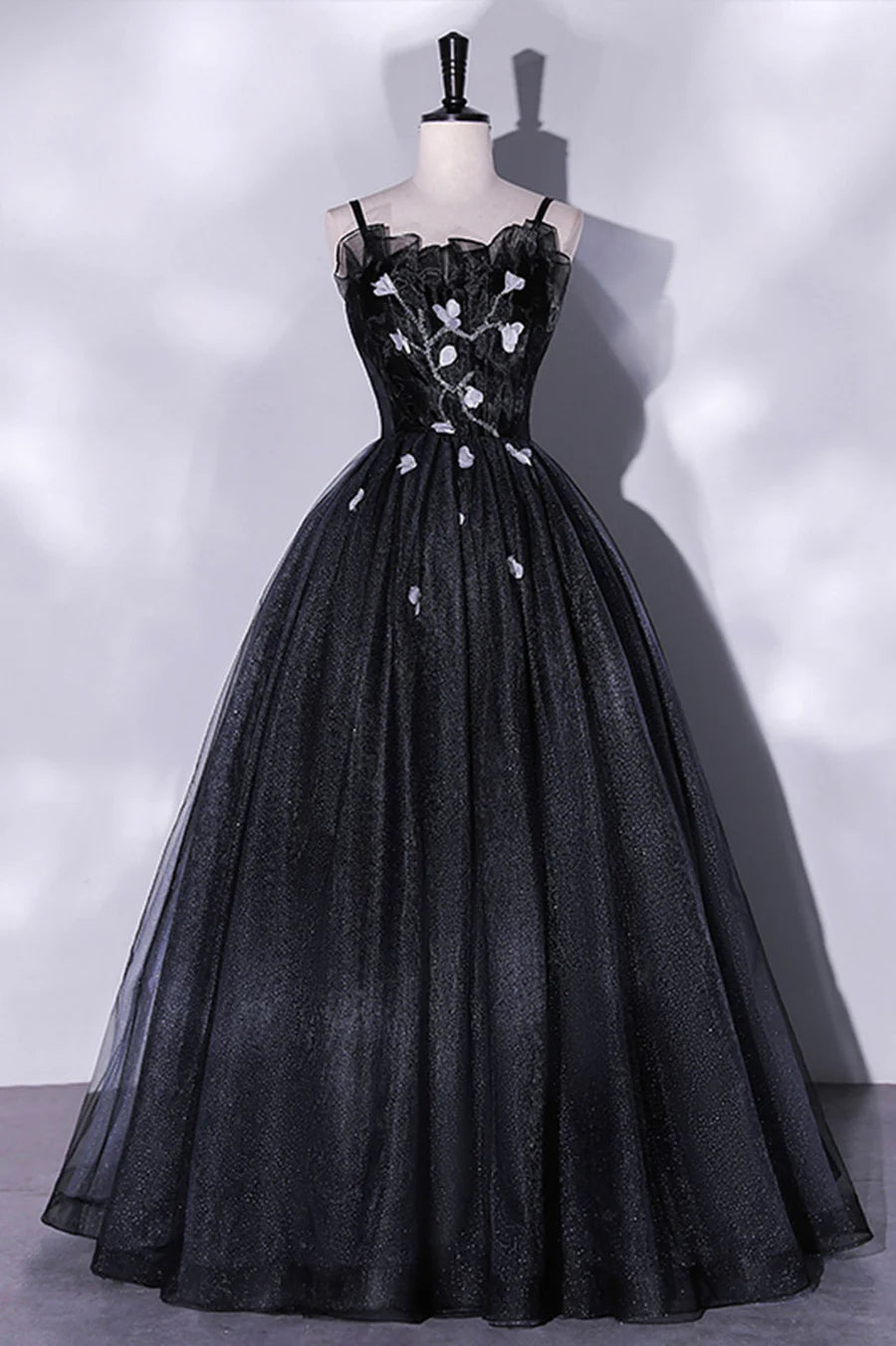 Black Tulle Long A-Line Evening Gown, Black Spaghetti Strap Evening Gown TP497
