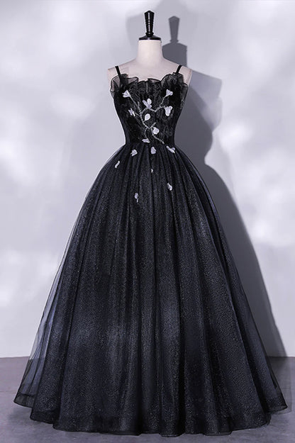 Black Tulle Long A-Line Evening Gown, Black Spaghetti Strap Evening Gown TP497