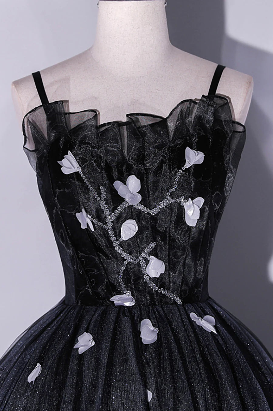 Black Tulle Long A-Line Evening Gown, Black Spaghetti Strap Evening Gown TP497