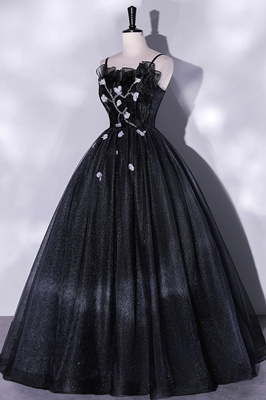 Black Tulle Long A-Line Evening Gown, Black Spaghetti Strap Evening Gown TP497