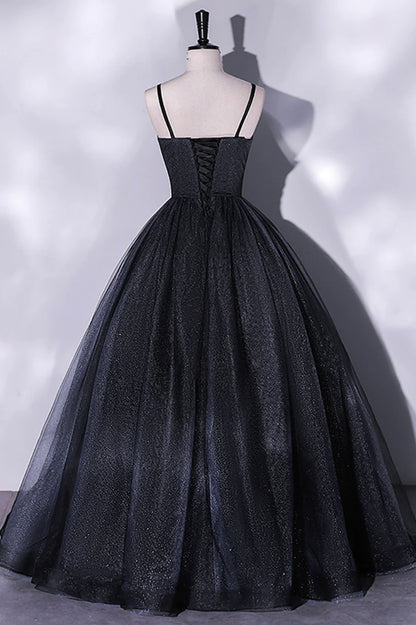 Black Tulle Long A-Line Evening Gown, Black Spaghetti Strap Evening Gown TP497