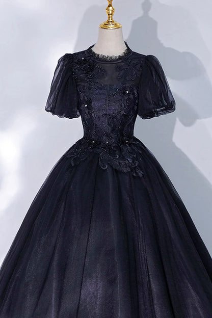 Black Tulle Lace Long A-Line Prom Dress, A-Line Short Sleeve Evening Gown TP498