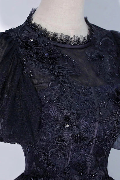 Black Tulle Lace Long A-Line Prom Dress, A-Line Short Sleeve Evening Gown TP498
