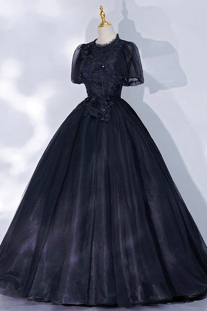 Black Tulle Lace Long A-Line Prom Dress, A-Line Short Sleeve Evening Gown TP498