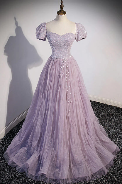 Purple Tulle Sequins Floor Length Prom Dress, A-Line Evening Party Dress TP499