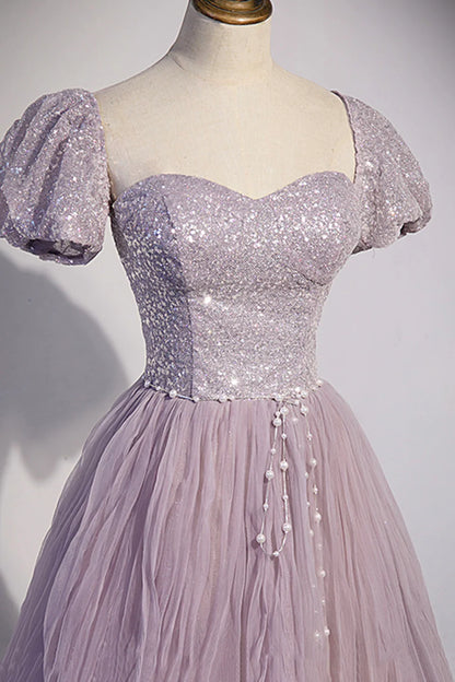 Purple Tulle Sequins Floor Length Prom Dress, A-Line Evening Party Dress TP499
