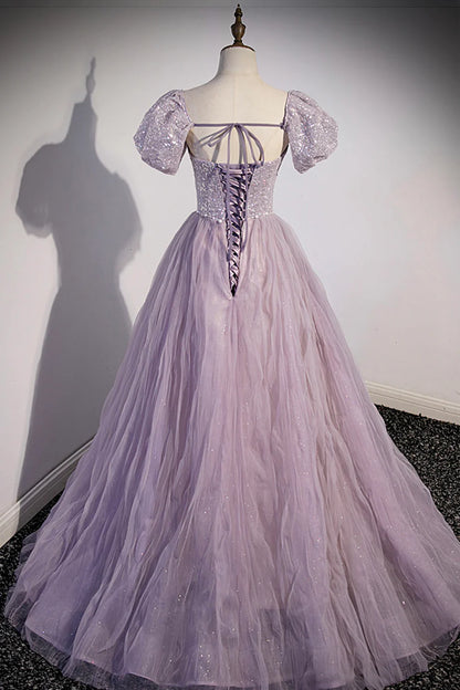 Purple Tulle Sequins Floor Length Prom Dress, A-Line Evening Party Dress TP499