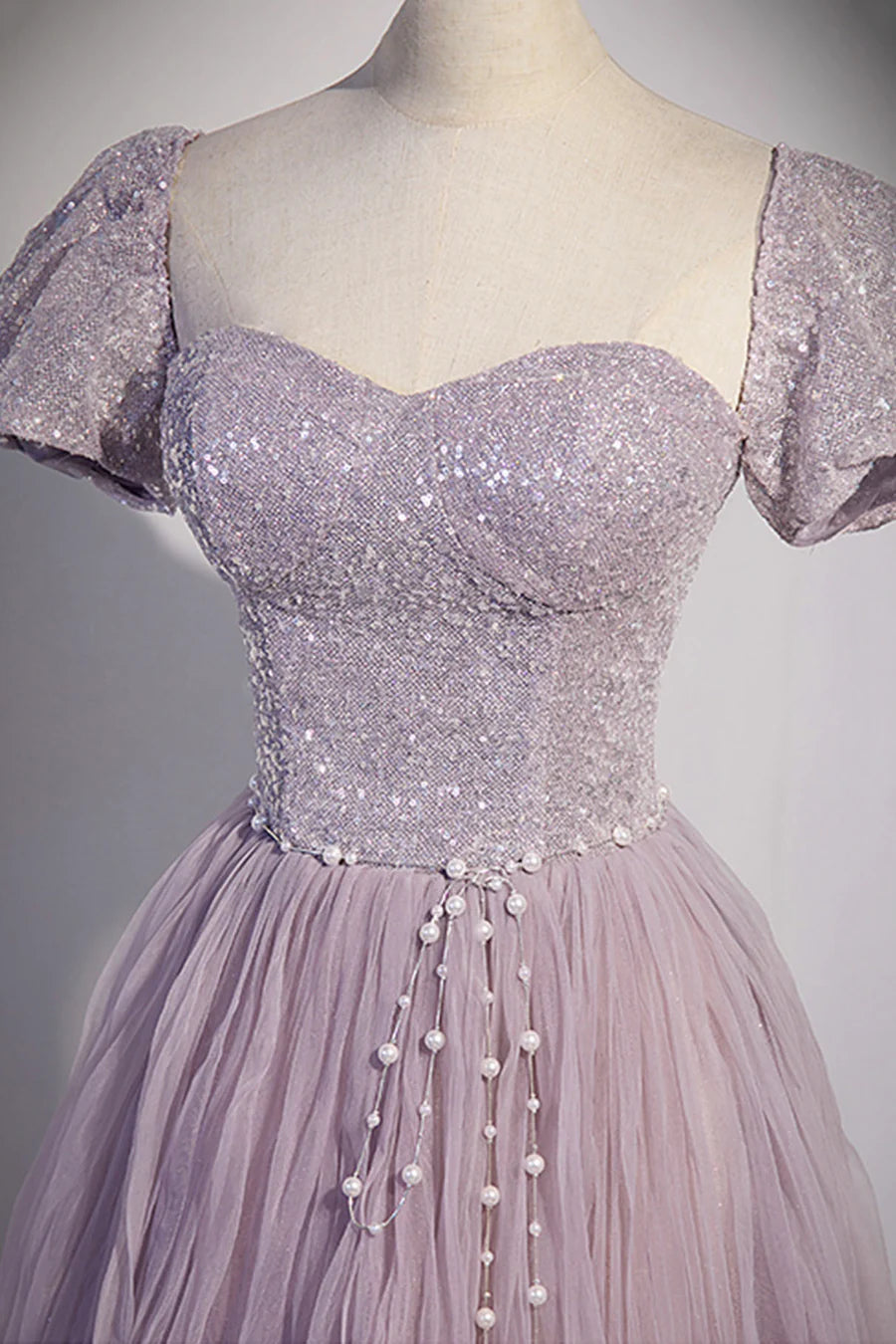Purple Tulle Sequins Floor Length Prom Dress, A-Line Evening Party Dress TP499
