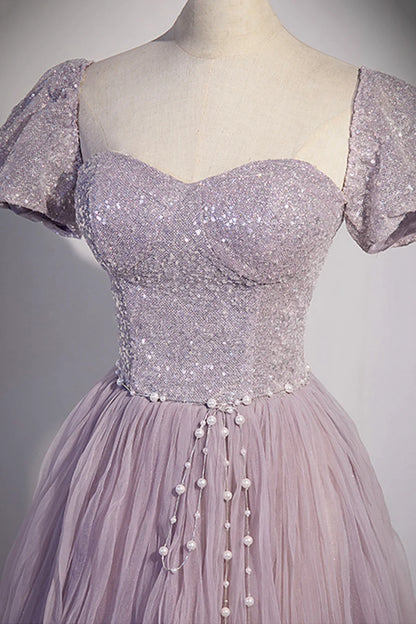 Purple Tulle Sequins Floor Length Prom Dress, A-Line Evening Party Dress TP499