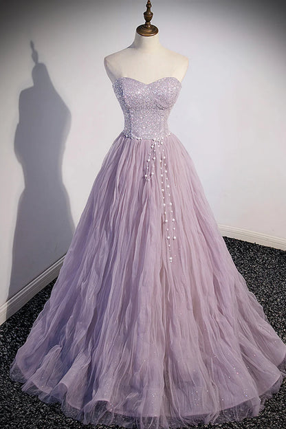 Purple Tulle Sequins Floor Length Prom Dress, A-Line Evening Party Dress TP499
