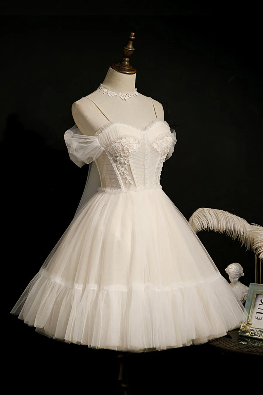 Cute Spaghetti Strap Lace Short Party Dresses, A-Line Evening Dresses TP503