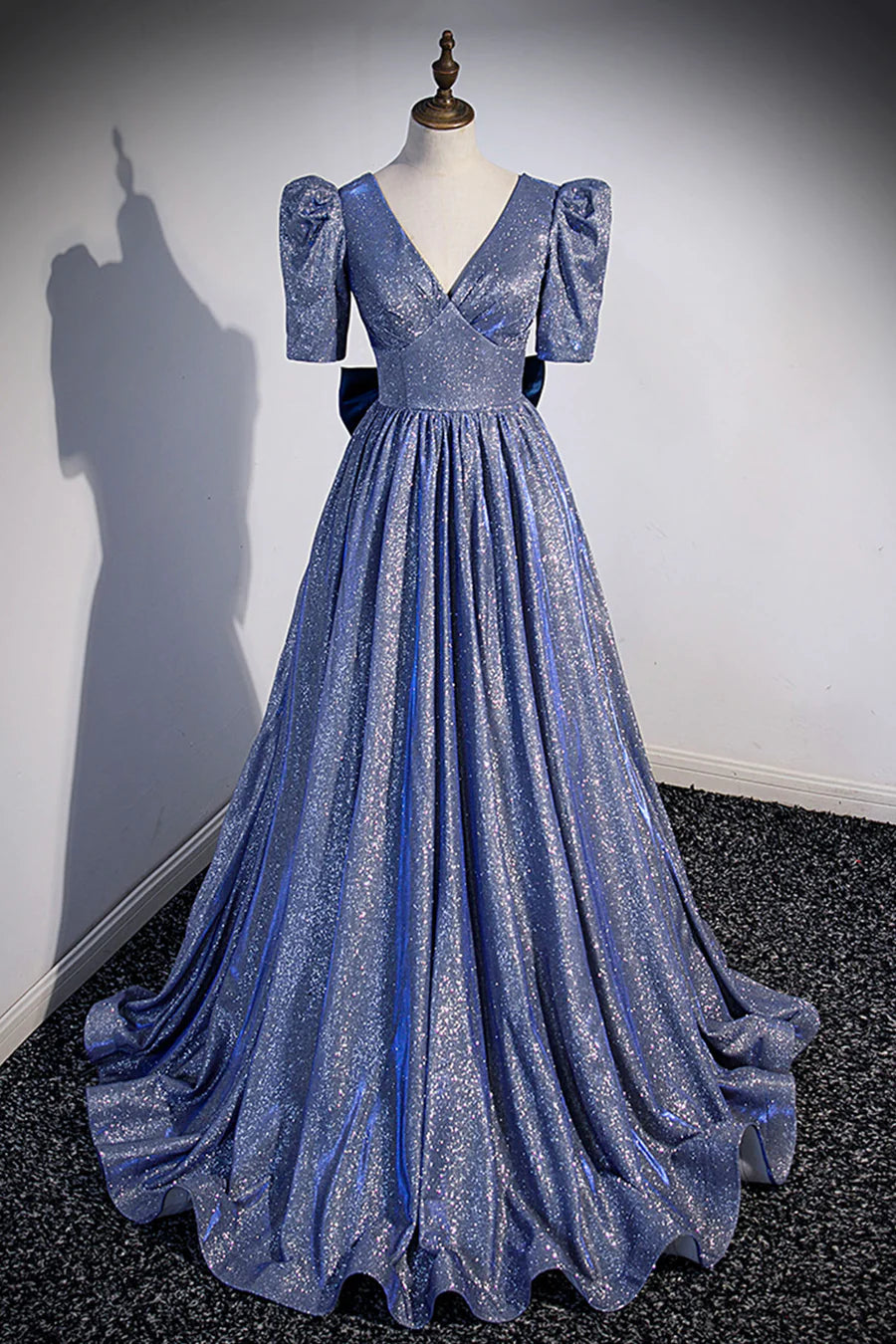 Blue Long A-Line Prom Dress, Simple V-Neck Short Sleeve Evening Dress TP506