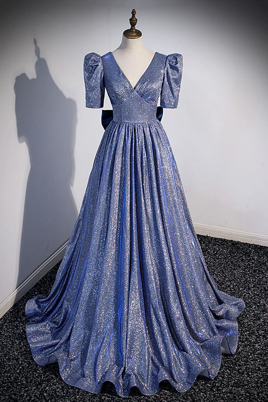 Blue Long A-Line Prom Dress, Simple V-Neck Short Sleeve Evening Dress TP506