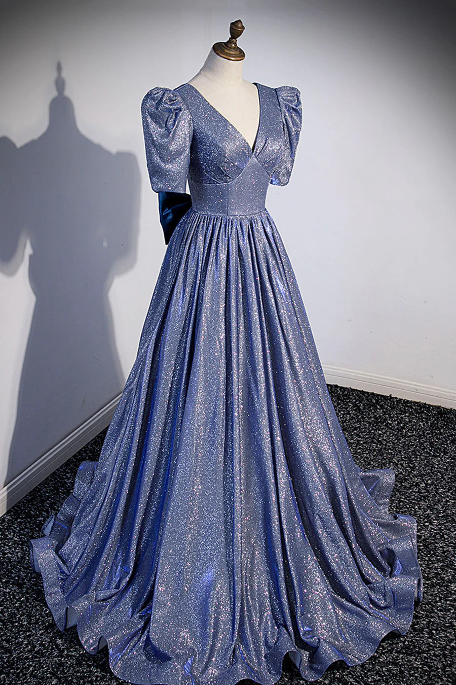 Blue Long A-Line Prom Dress, Simple V-Neck Short Sleeve Evening Dress TP506