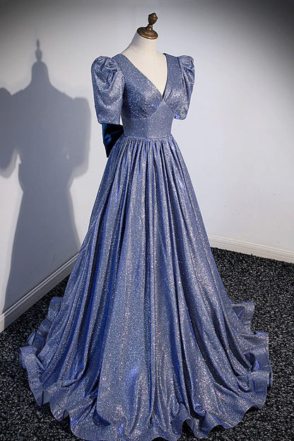 Blue Long A-Line Prom Dress, Simple V-Neck Short Sleeve Evening Dress TP506