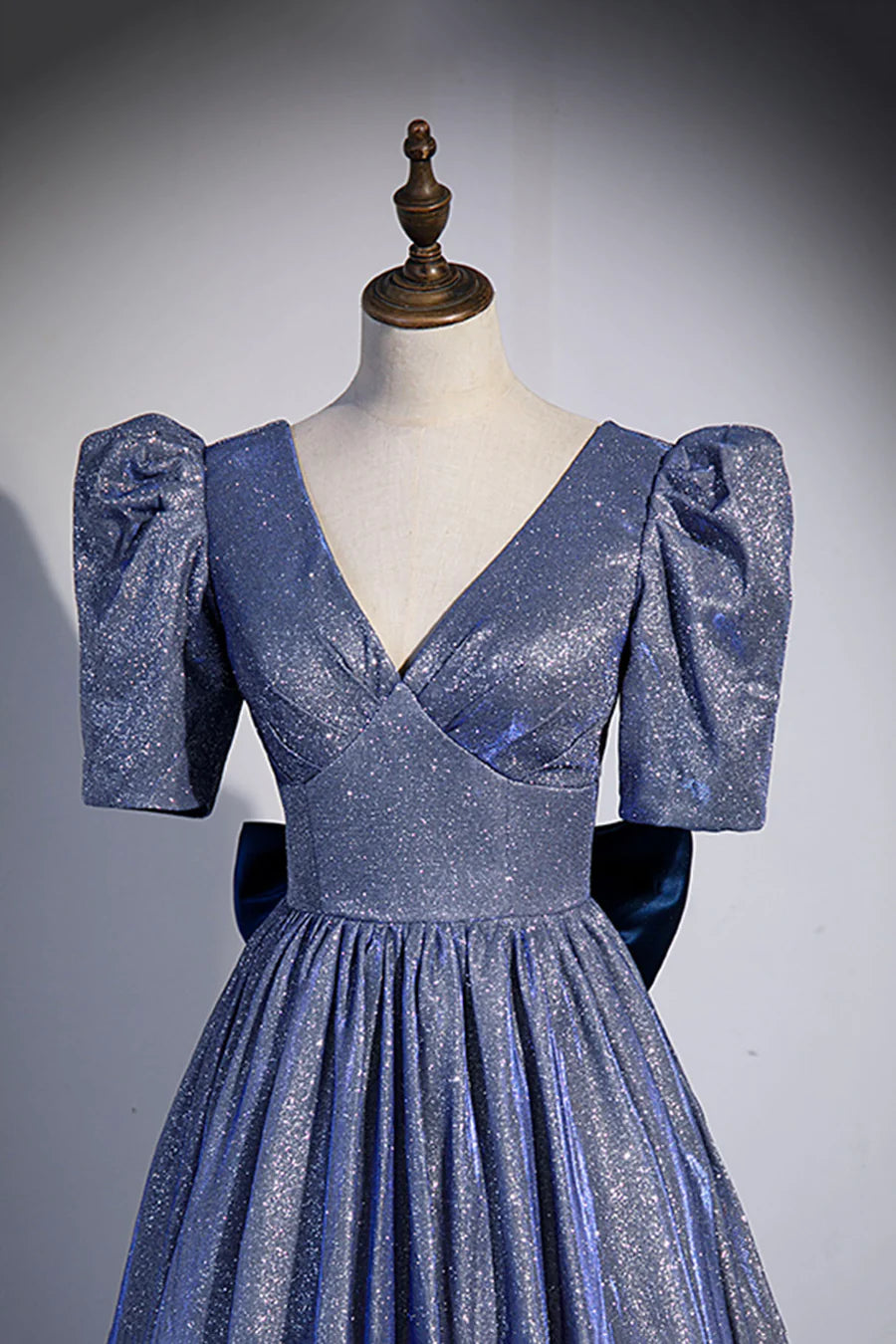 Blue Long A-Line Prom Dress, Simple V-Neck Short Sleeve Evening Dress TP506