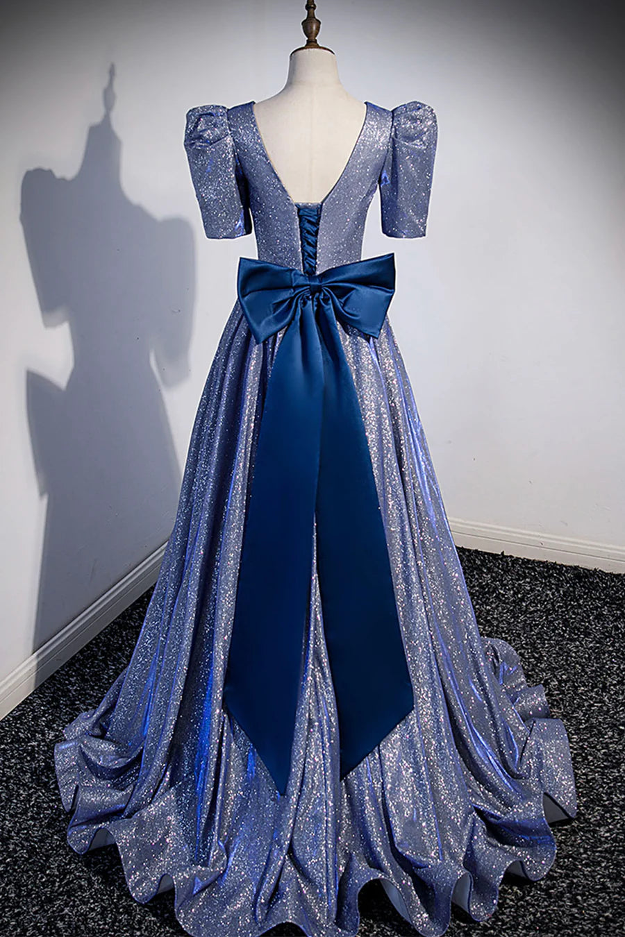 Blue Long A-Line Prom Dress, Simple V-Neck Short Sleeve Evening Dress TP506