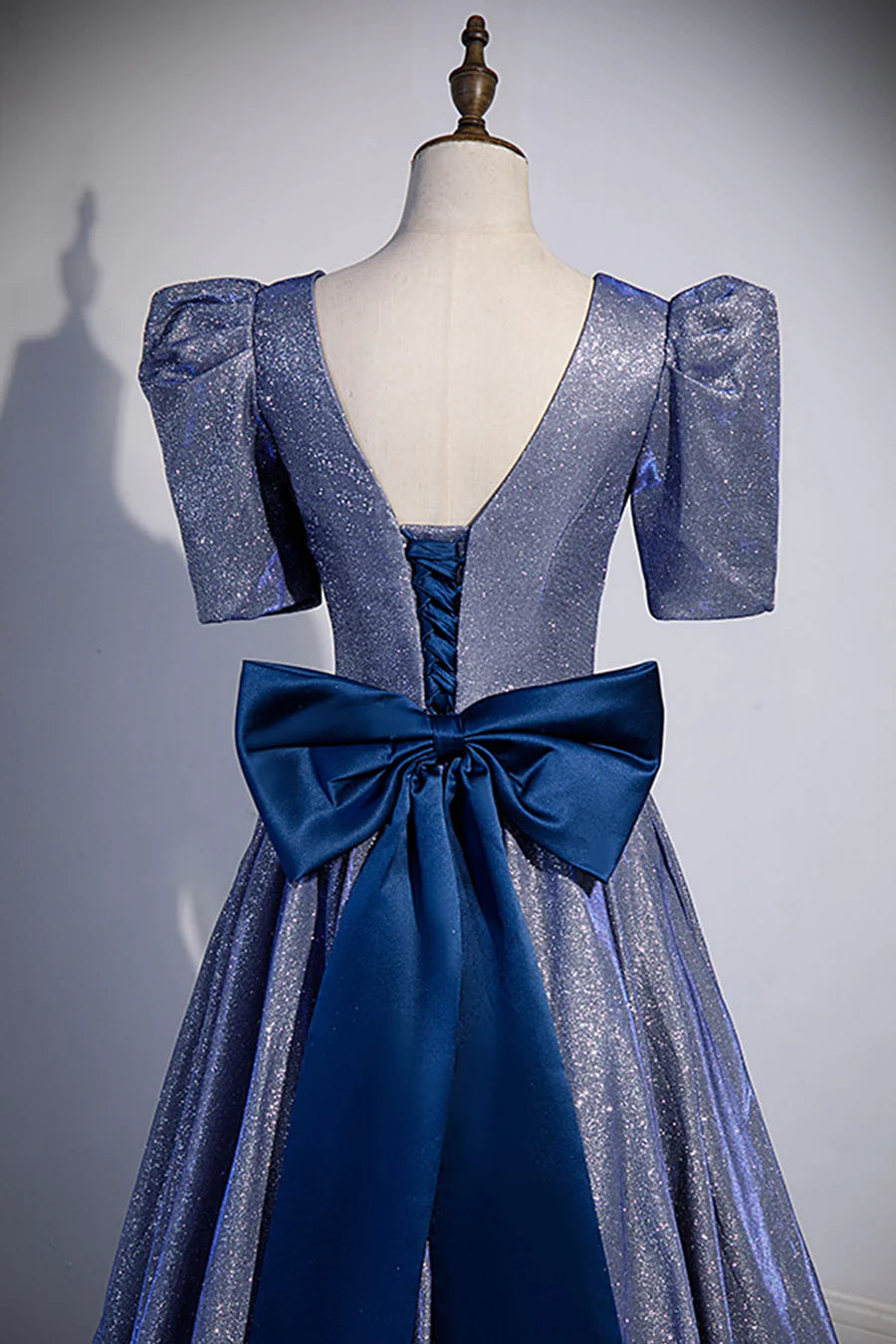 Blue Long A-Line Prom Dress, Simple V-Neck Short Sleeve Evening Dress TP506