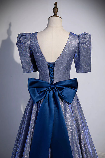 Blue Long A-Line Prom Dress, Simple V-Neck Short Sleeve Evening Dress TP506