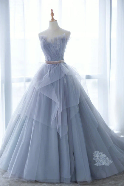 Blue Tulle Lace Long Prom Dress, A-Line Strapless Evening Gown TP507