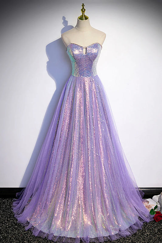 Purple Strapless Sequins Floor Length Prom Dress, A-Line Formal Dress TP508