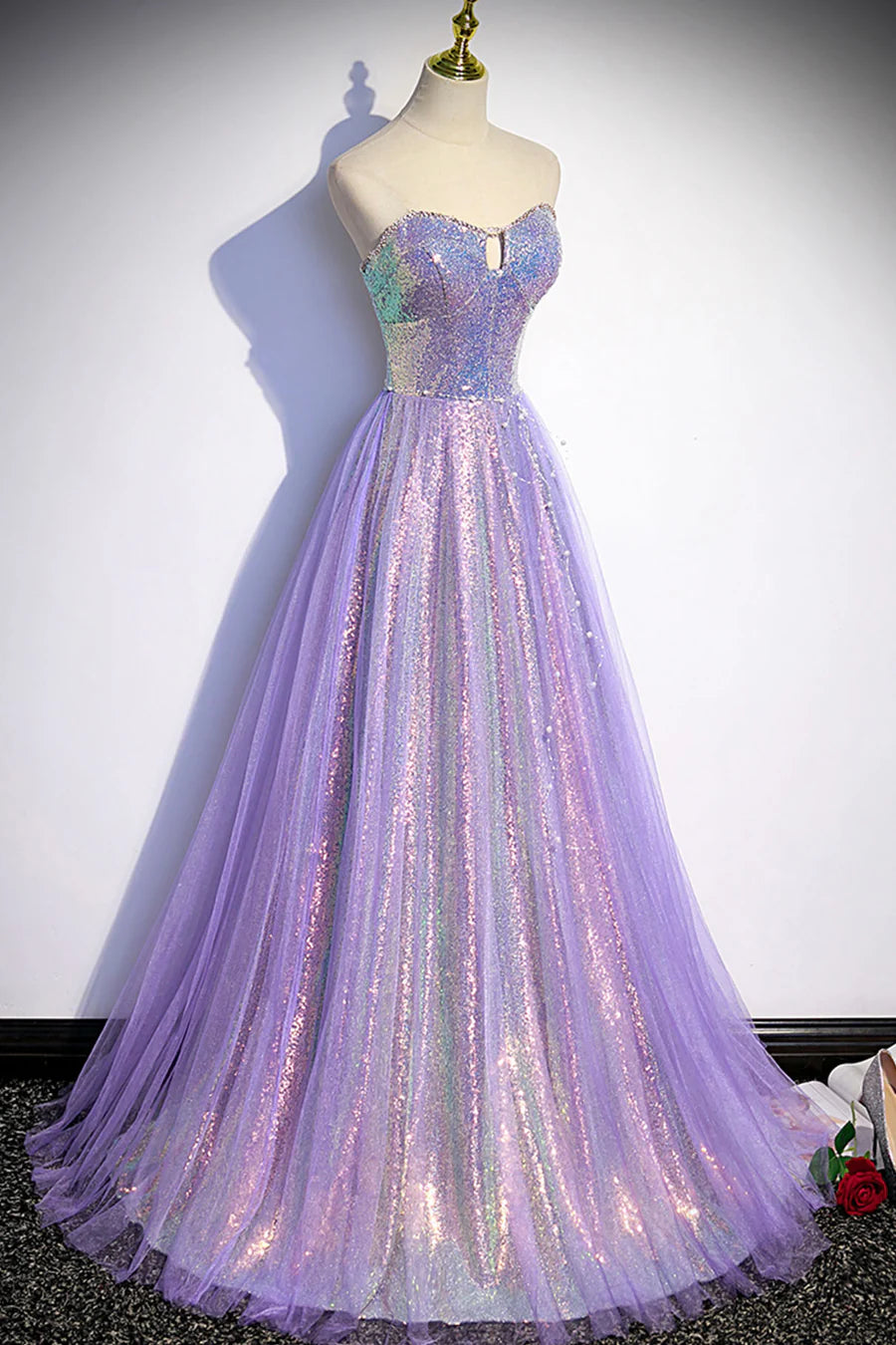 Purple Strapless Sequins Floor Length Prom Dress, A-Line Formal Dress TP508