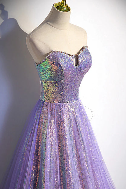 Purple Strapless Sequins Floor Length Prom Dress, A-Line Formal Dress TP508