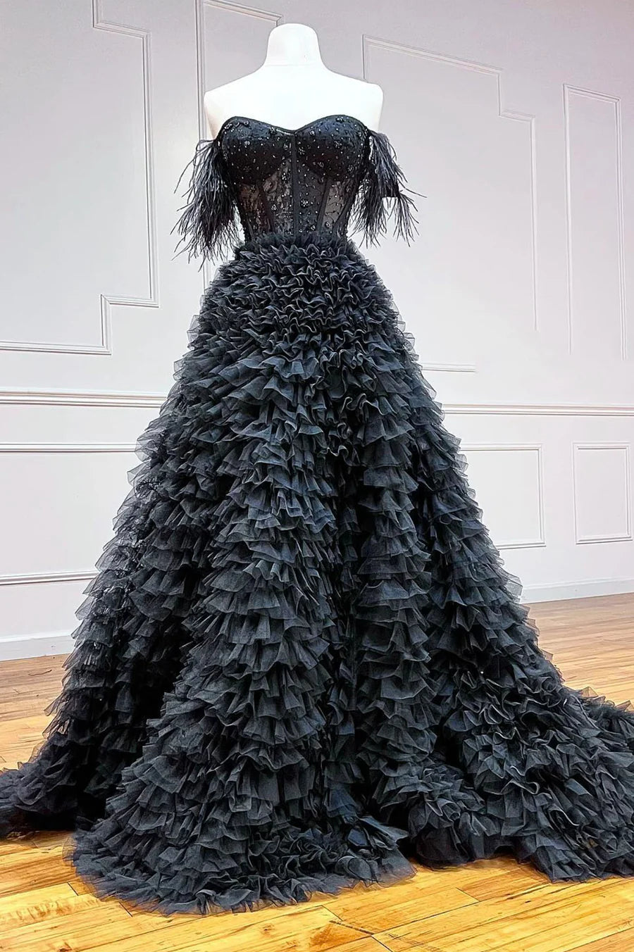 Black Tulle Long Ball Gown, A-Line Off the Shoulder Evening Gown TP510