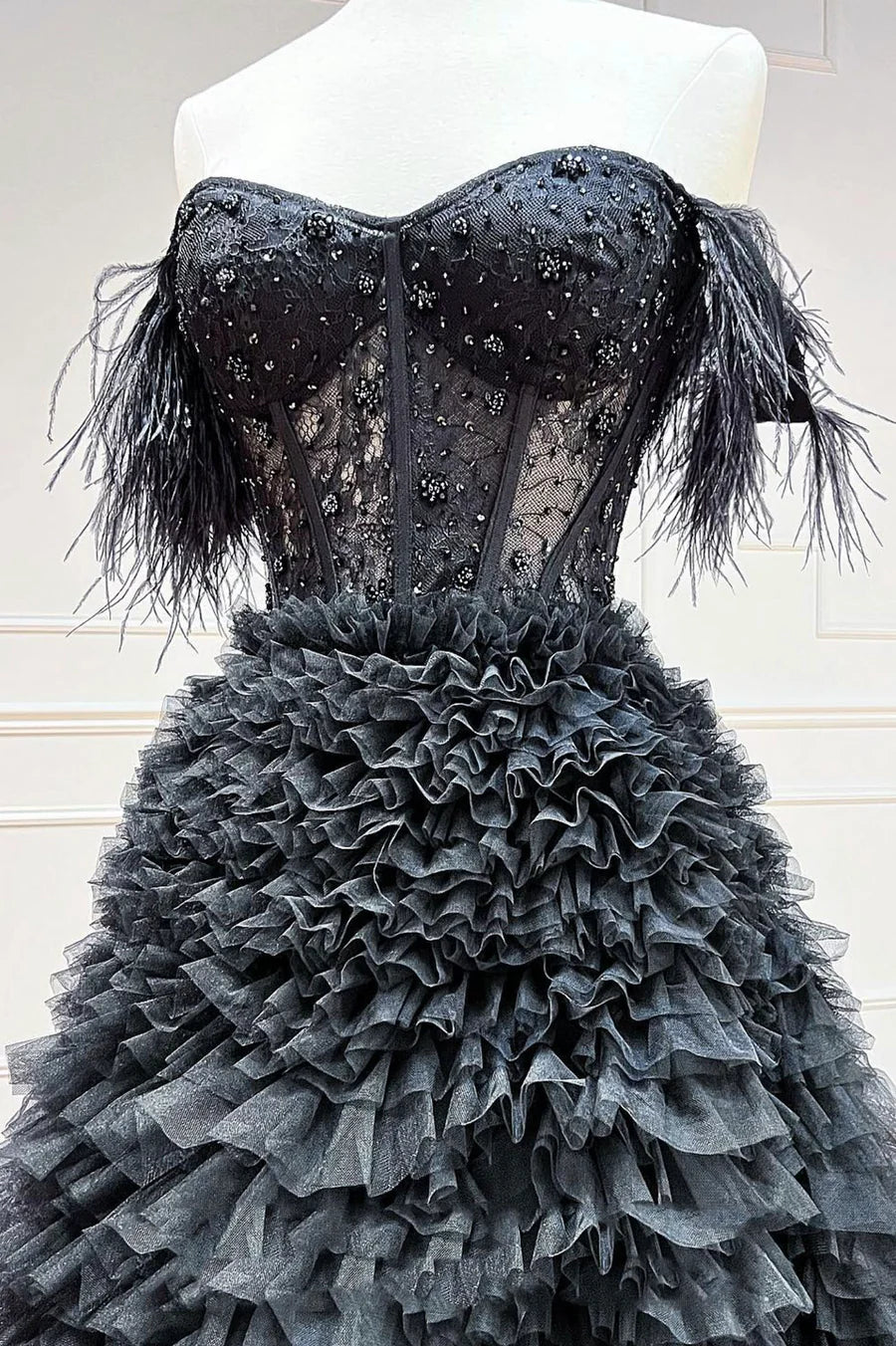 Black Tulle Long Ball Gown, A-Line Off the Shoulder Evening Gown TP510