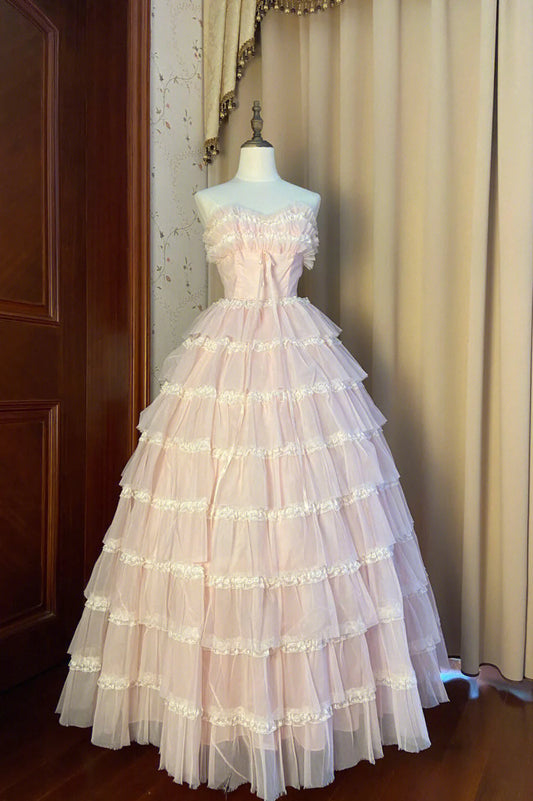 Pink Strapless Layers Tulle Long Party Dress, Glam Prom Dress Formal Gown TP511