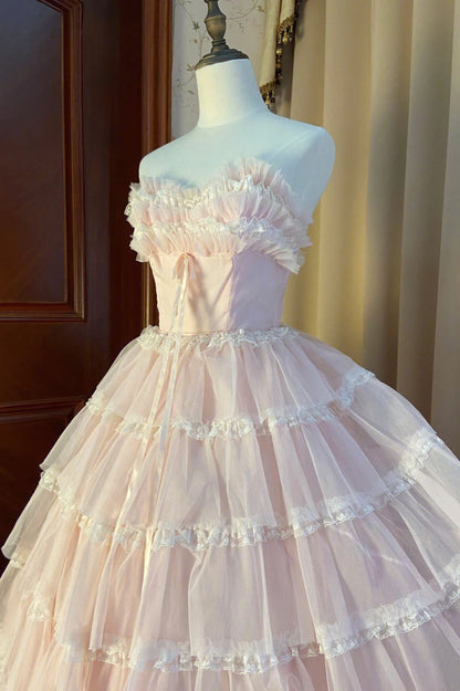 Pink Strapless Layers Tulle Long Party Dress, Glam Prom Dress Formal Gown TP511